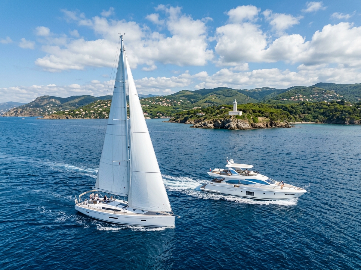 Luxury motor yacht and sailboat cruising through deep ocean water